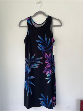CLARA SUNWOO Black Sleeveless Tropical Leaf Print Mini Dress - Blue & Purple XS